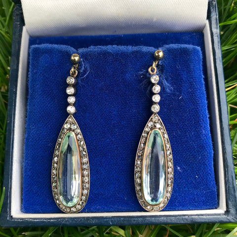 Edwardian Style Aquamarine Diamond Earrings 18Ct Gold 2.50Ct Aquas – Antique  Jewellery Online